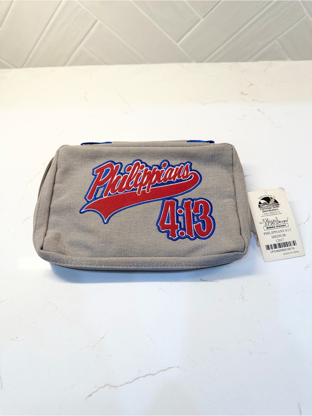 Philippians 4:13 Canvas Pouch - Gray with Red & Blue Accent